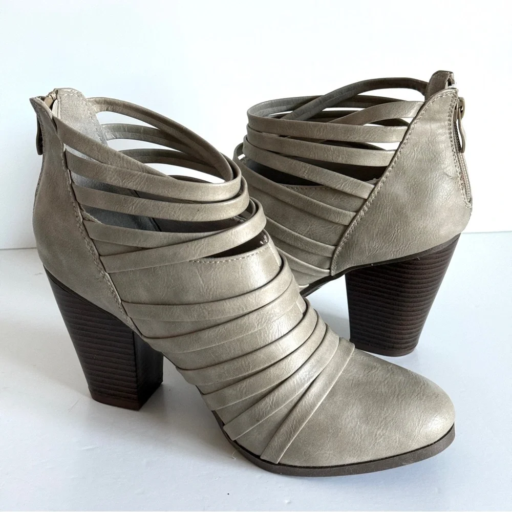 JC Grey Women's Strappy Heeled Ankle Boots Block Heel - Taupe Size 10 - Picture 2 of 13